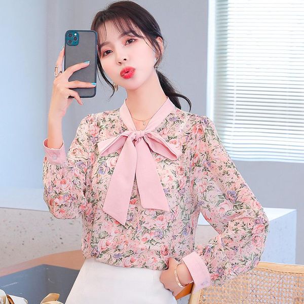 

women's blouses & shirts arrival 2021 spring autumn women long sleeve shirt korean sweet bow lacing floral chiffon casual, White