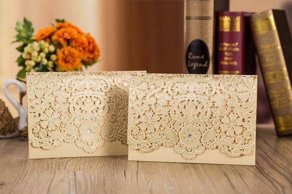 

greeting cards customized laser cut gold wedding party invitation card with rhinestone, embossed marriage invitations, 100pcs, express