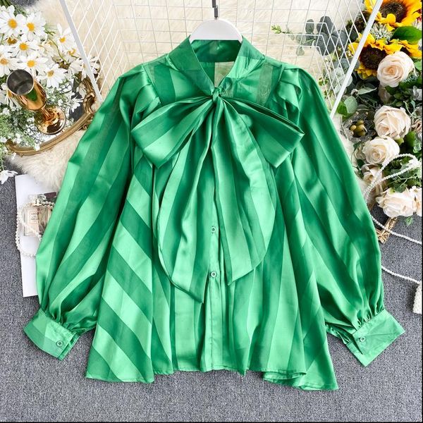 

womens shirt sprin autumn satin bow collar puff sleeve loose office lady women blouse tide plus size ml671, White
