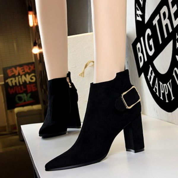 

boots fashion button women solid color ankle ladies high heel pumps pointed toe female casual party short, Black