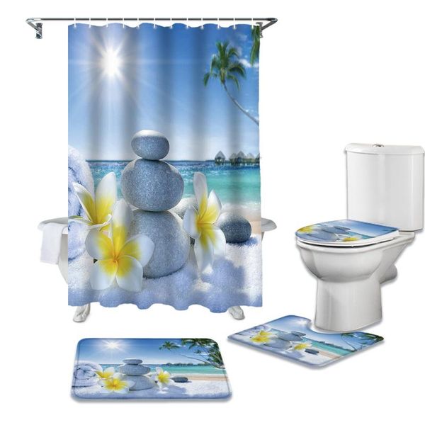 

zen stones flowers tropical ocean bathroom set durable fabric waterproof shower curtain rug carpet toilet lid cover bath mat curtains