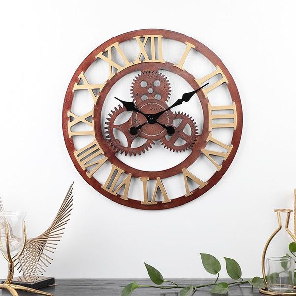 

wall clocks [hht] industrial style wooden mute clock gear retro hanging living room dining creative home decoration