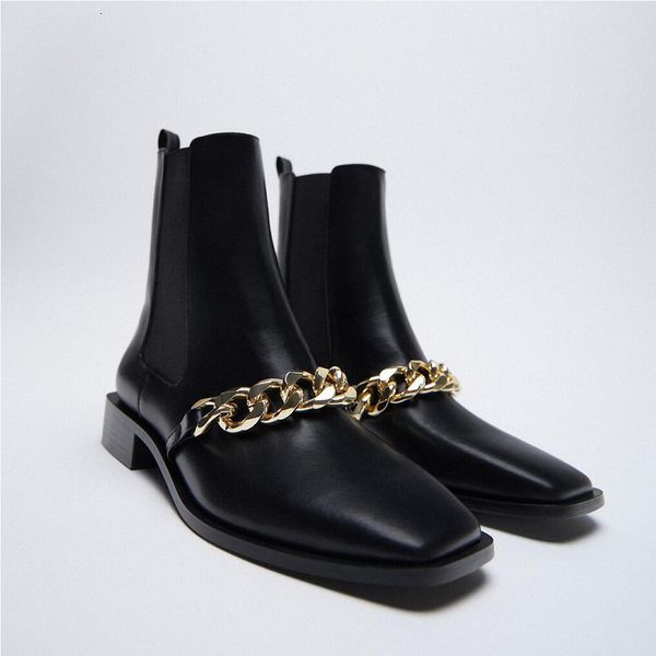 

dress shoes za women's boots autumn and winter new small square head metal chain low heel sleeve stretch chelsea short 5qh9, Black