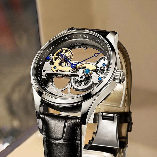 

wristwatches net red automatic hollow mechanical watch men's fashion waterproof birthday gift, Slivery;brown