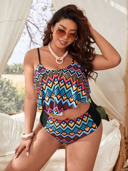 

plus geometric print hanky hem bikini swimsuit w8t6#, Black