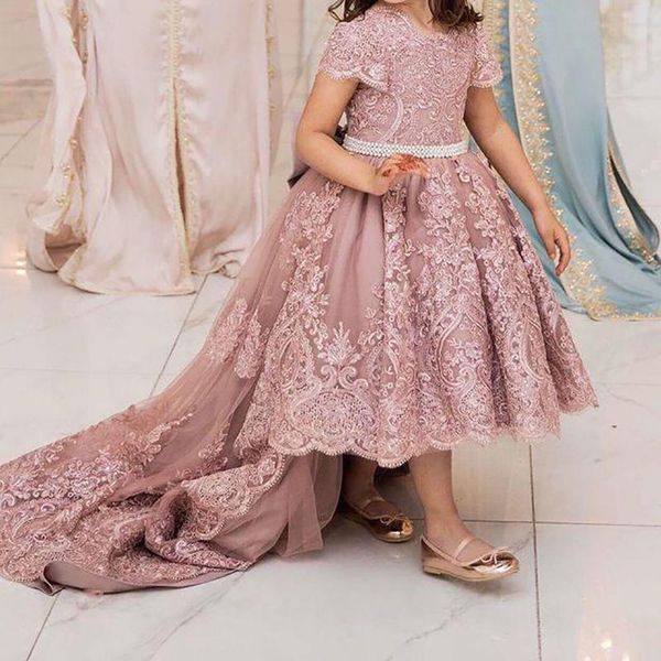 

girl's dresses luxurious lace beaded pearls tutu ball gown hi-lo flower girl fashion tulle elegant lilttle kids birthday pageant gowns, Red;yellow