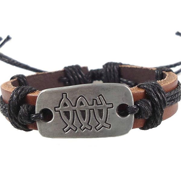 

charm bracelets punk vintage retail promotion fish symbol wrap belt rope genuine leather women men bracelet wholesale jewelry, Golden;silver