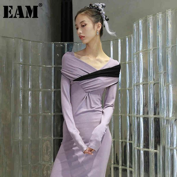 

[eam] women purple knot knitting elegant long dress v-neck long sleeve loose fit fashion spring autumn 1dd0243 21512, Black;gray