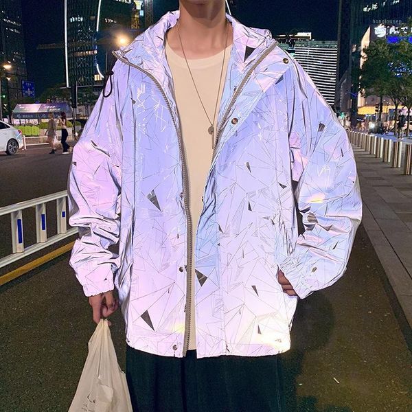 

men's jackets geometric jacket casual hooded hip hop nightclub reflective loose korean style streetwear windbreaker fluorescent coat ov, Black;brown