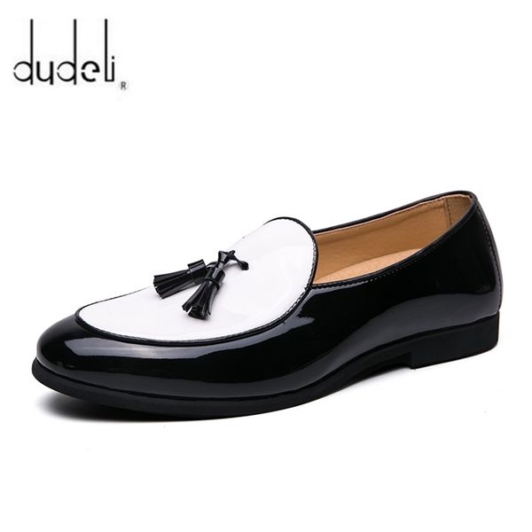 

luxury loafers elegant men dress wedding office shoes suede patchwork patent leather slip on tassel loafer for casual 211102, Black