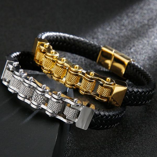 

link, chain black genuine leather bracelet for men hiphop vintage stainless steel bike biker motorcycle bracelets wristband jewelry