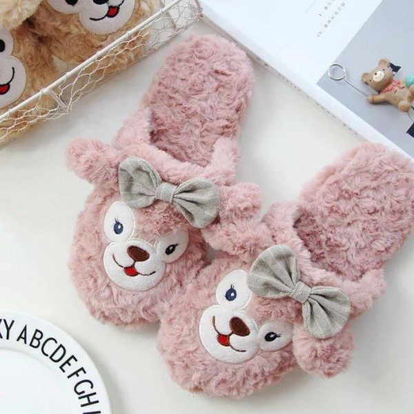 

slippers women cute cartoon bear home men cotton shoes couples winter indoor floor soft plush non-slip for bedroom, Black