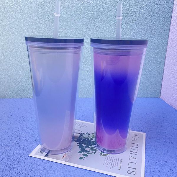 

mugs 710ml cold color change drink bottle cup mug straw cups reusable coffee portable double layer plastic water with lid