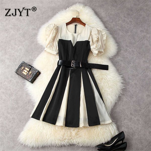 

fashion designer puff sleeve contrast color empire belted short dress women summer clothes elegant princess party robe femme 210601, Black;gray