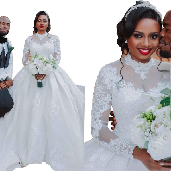 

2022 amazing saudi arabia wedding dress high neck with illusion long sleeve lace applique empire wasit bridal dresses vestidos de novia, White