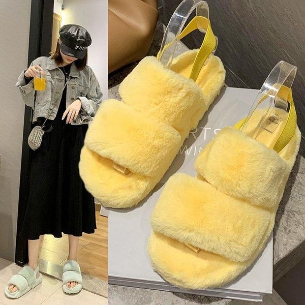 

autumn and winter plush shoes with flat bottom open toe slippers, Black