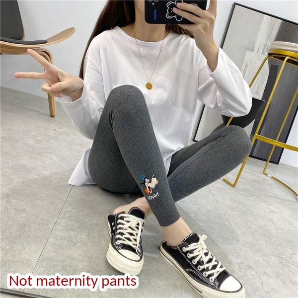

women's threaded leggings spring and autumn thin section embroidery cartoon casual high-waist stretch nine-point pants maternity bottom, White