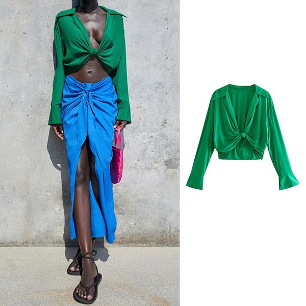 

women's blouses & shirts 2021 summer fashion long sleeve cropped knotted women vintage green color lapel side zip pleateds woman casual, White