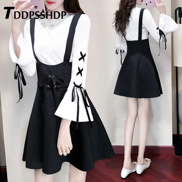 

casual dresses 2021 autumn suspender dress with bandage decor female, Black;gray