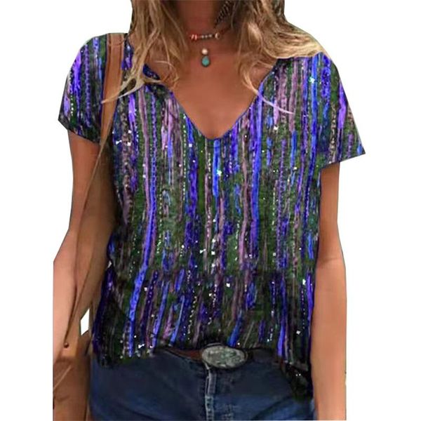 

women's t-shirt summer v-neck gradient striped printed t shirts s-5xl streetwear casual short sleeve loose oversized ladies tee, White