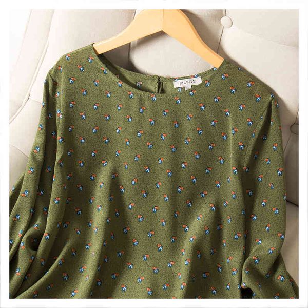

t shirts green color printed women's silk loose korean-style long-sleeved t-shirt all-match small shirt 2021 autumn style, White