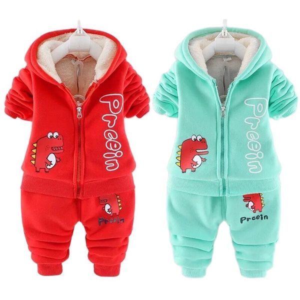 

thick plush warm toddler baby boys clothes set winter cartoon dinosaur clothing sets for boys hoodies jacket and pants kids suit, White
