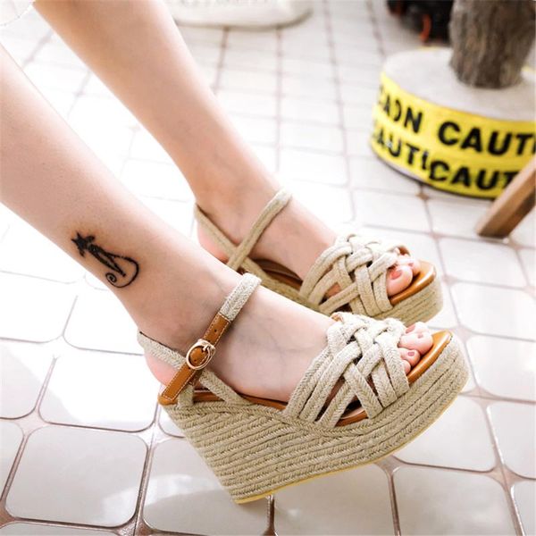 

dilalula 2021 platform sandals women high wedges summer straw ladies shoes woman plus size 33-47, Black