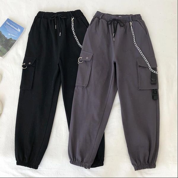 

pocket womens romper high waist overalls female autumn korean version of hong kong flavor b wind beam pants casual, Black;white