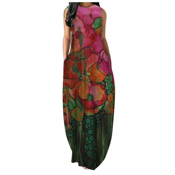 

casual dresses women's sleeveless loose plain maxi vest long dress plus size printed o-neck, Black;gray