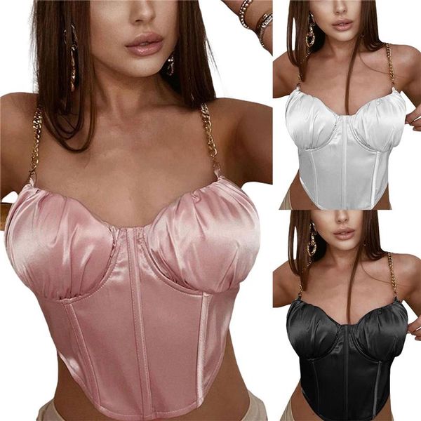 

women's tanks & camis female vest solid color v-neck sleeveless crop with chain strap for summer, white/black/light pink s//l