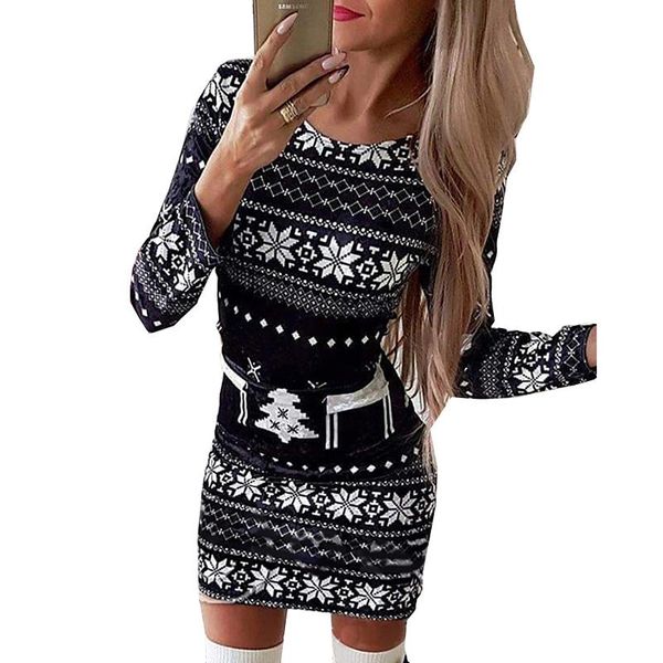 

christmas clothing women printed black casual slim o neck long sleeve mini party dress ladies korean style winter robe sj7387m dresses, Black;gray