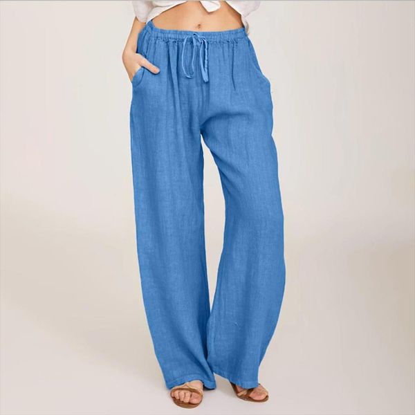 

fashion pants casual solid womens leggings color cotton linen elastic waist drawstring long wide leg femme pantalon, Black