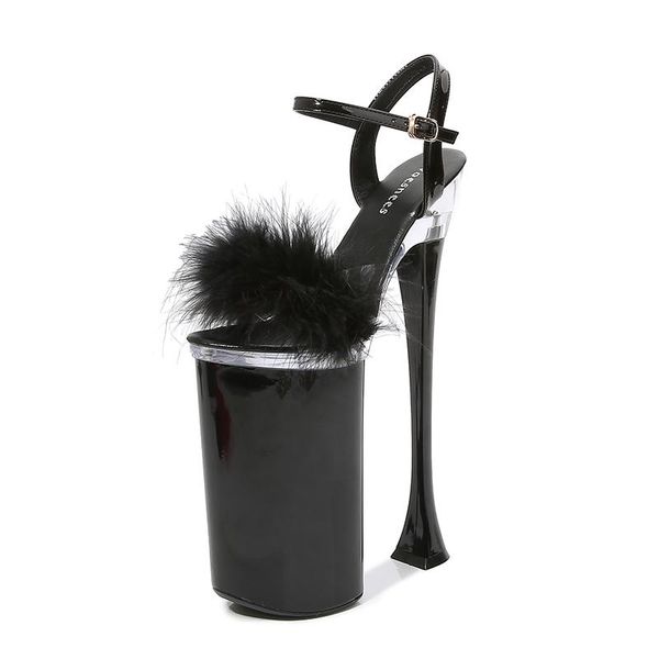 

multicolor fashion nightclub feather fur red shoes woman open toe 26cm ultra thin high heels female platform sandals, Black