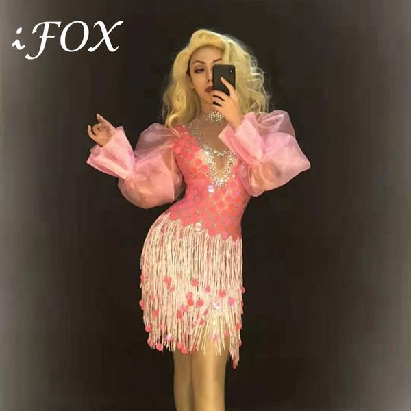 

casual dresses pink sequins tassel dress women high neck puff sleeve rhinestone birthday party celebrate nightclub singer outfit, Black;gray