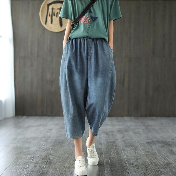 

fairynatural elastic waist loose women jeans denim pants ladies casual pocket spliced retro harem trousers 2021 autumn summer women's, Blue