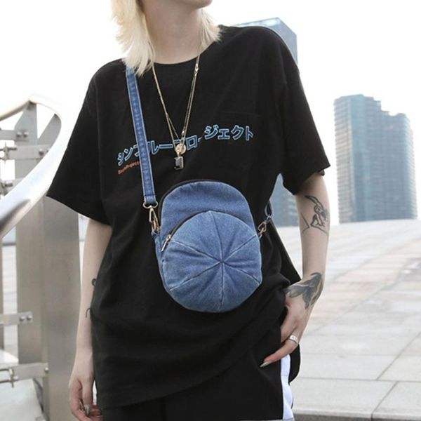 

backpack denim bag crossbody bags women cap shape design black goth blue fashion streetwear small schoolbag one shoulder 2021