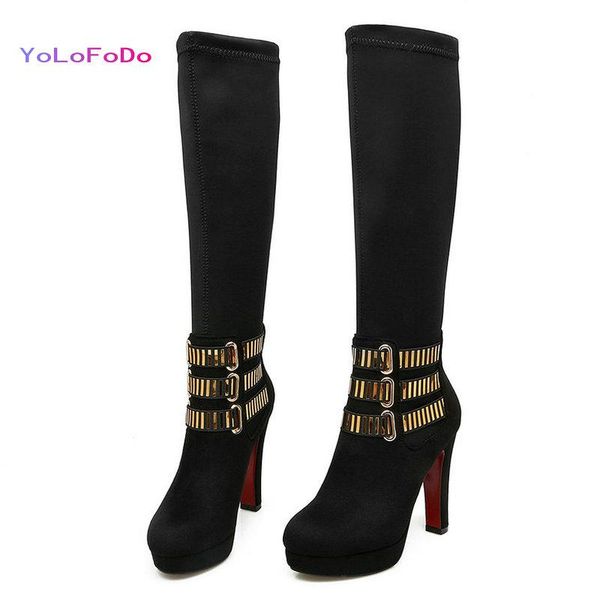 

boots black red 2021 women knee high platform square heel stretch faux suede autumn winter shoes plus size 34-43