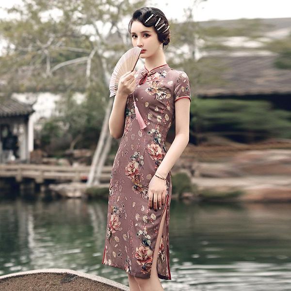 

ethnic clothing traditional women short sleeve mandarin collar qipao chinese style purple floral print cheongsam party retro dress, Red