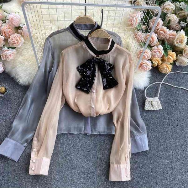 

spring clothes femininity long sleeve shirt women fashion sequined bow elegant korean clothing blosue r119 210527, White