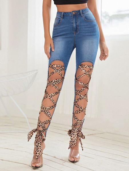 

high waisted leopard lace up front skinny jeans v9wp#, Blue