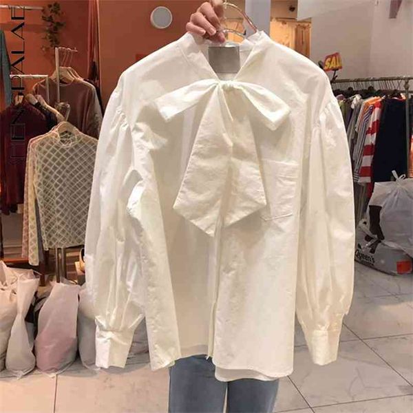 

bow tie blouse women's spring loose single breasted long sleeve solid color shirt female fashion 5c208 210427, White