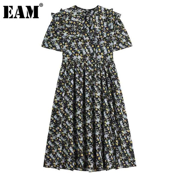 

[eam] women casual printed ruffles pleated dress round neck short sleeve loose fit fashion spring summer 1dd7910 210512, Black;gray