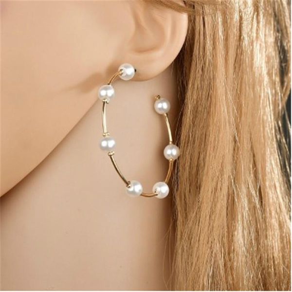 

hoop & huggie white simulated pearls statement earrings big circle round earring metal gold color women nightclub jewelry, Golden;silver