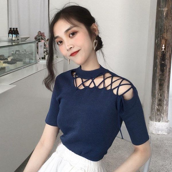 

women's t-shirt hanfeng chic hollow out bandage slant shoulder short sleeve base shirt summer solid color slim knit fashion, White