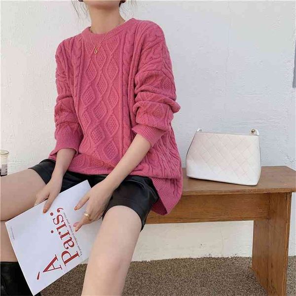 

autumn winter solid pink lady warm pullovers minimalist korean oversize vintage women's sweaters 210430, White;black