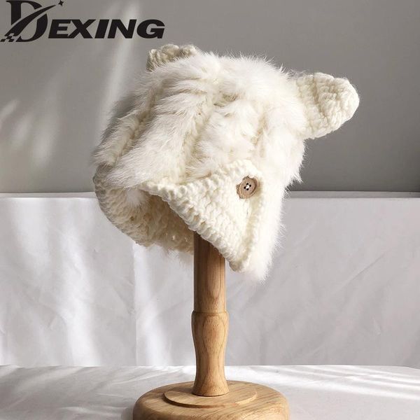 

beanie/skull caps casual women's hats fur knitted beanies 2021 autumn winter thick ear protection bonnet korean cute cat woolen hat, Blue;gray