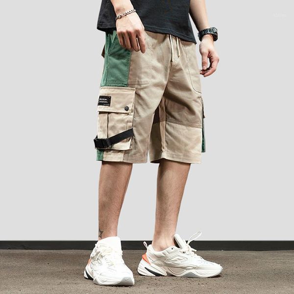 

men 2021 hip hop cargo shorts streetwear color block harajuku jogger summer hiphop track short sweatpant pockets cotton men's, White;black