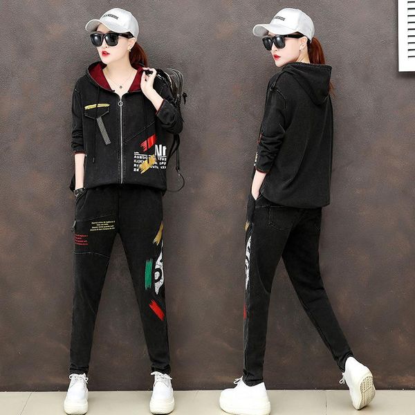 

women's two piece pants autumn spring fashion korean women punk harem pantalons ladies set girl hooded hoodies oversized retro tracksu, White