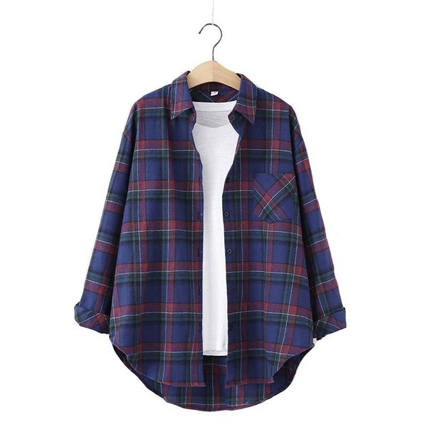 

women's blouses & shirts 2021 plaid women and long sleeve oversized cotton ladies casual blusas one pocket loose female checked shirt, White