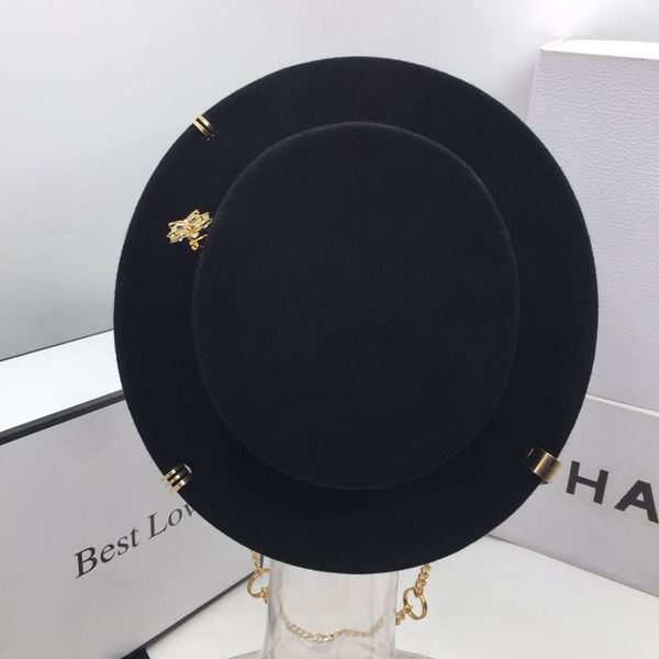 

black cap female british wool hat fashion party flat hat chain strap and pin fedoras for woman for a street-style shootingg, Blue;gray
